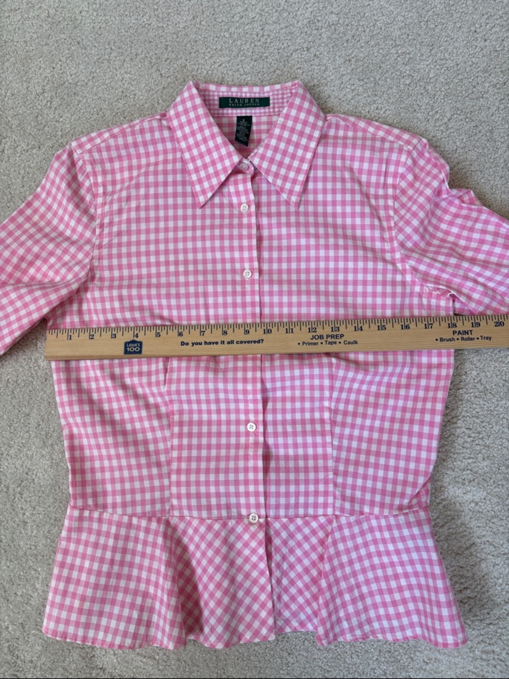 Vintage Ralph Lauren Peplum Gingham Check Pink White Preppy Cottage Top Womens 6 - Picture 6 of 12